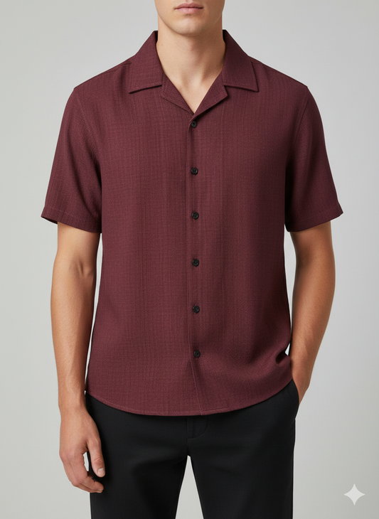 Cuban Collar Linnen Shirt-Maroon