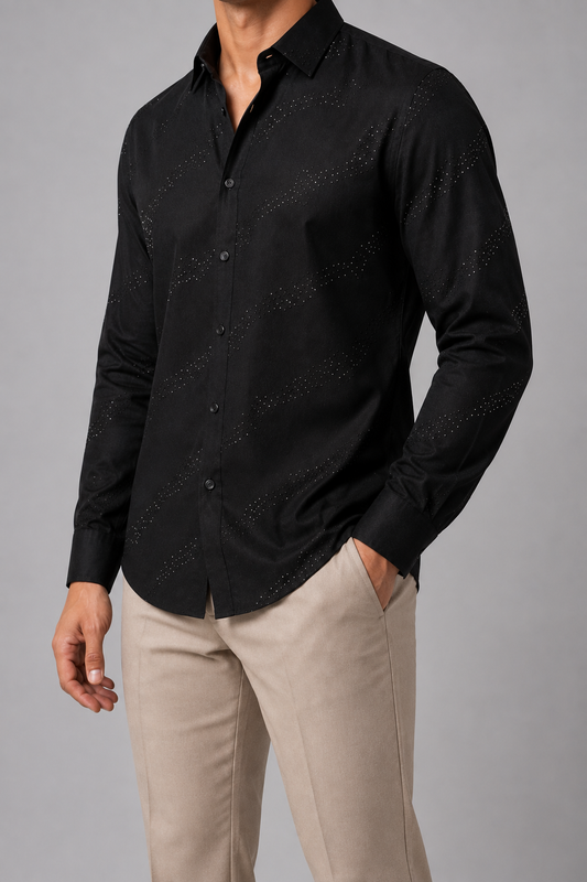 Stone work party shirt- Satin stichless fabrics. Non Iron premium flowy fabric - black