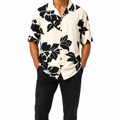 Cuban Collar linen Viscose Shirt - Navy blue flower white shirt