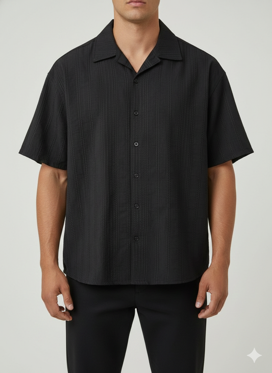Cuban Collar Shirt Textured Vert Line - Black