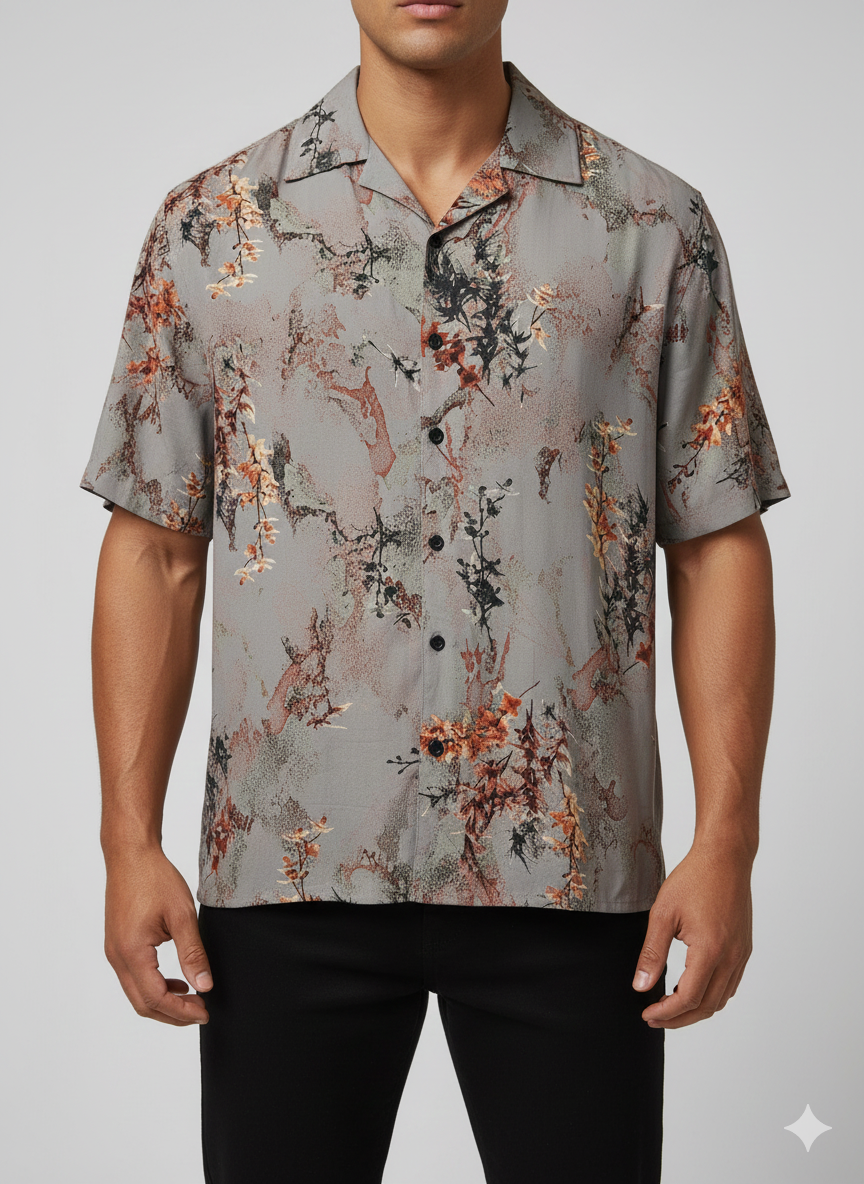 Cuban Collar Shirt Textured Flower Printed- Grey Orang Green Mix