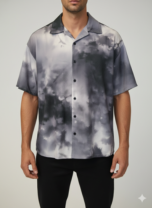 Cuban Collar Shirt Cloudy Black Printed
