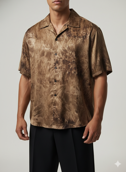Cuban Collar Shirt Satin Printed Party- Brown