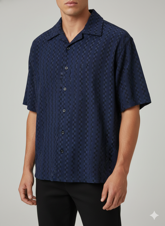 Cuban Collar Shirt Checkers Box- Navy Blue