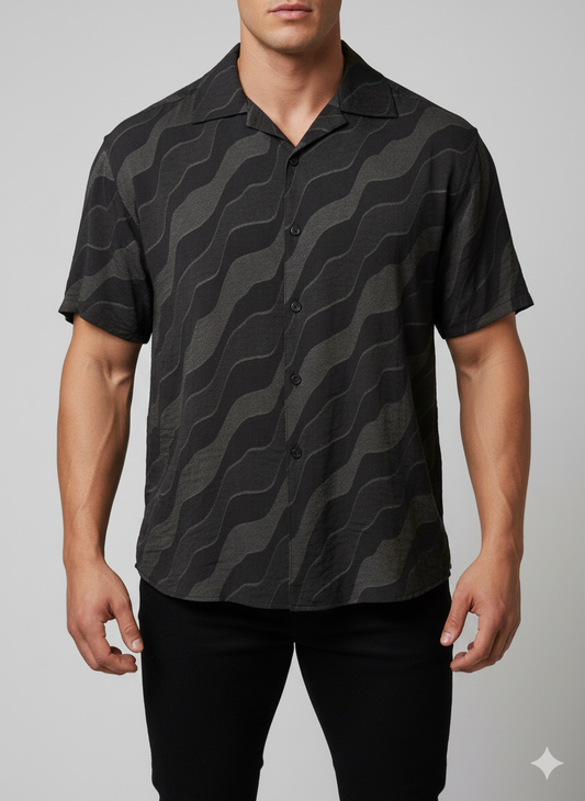 Cuban Collar Shirt Wave Textured Flower Leaf Shirt-Black Grey