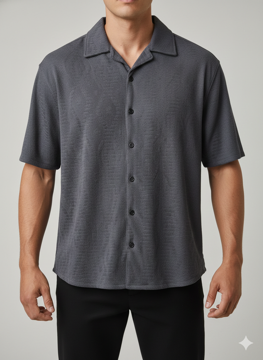 Cuban Collar Shirt Textured Zig Diamond - Grey
